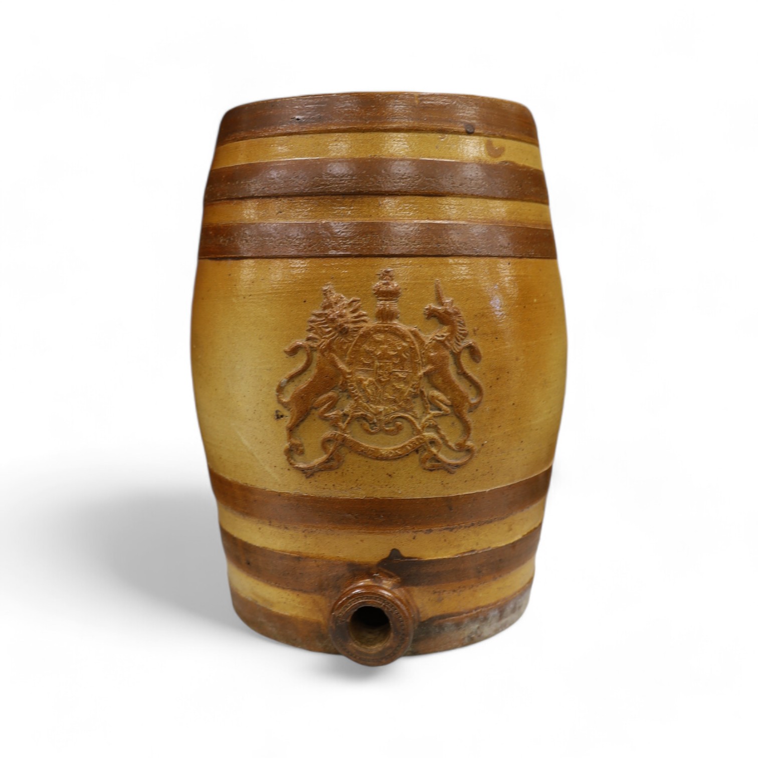 A Doulton and Watts stoneware spirit barrel, applied with the Royal coat of arms, 33.5cm high. Condition - some scratches in the glazing and marks on band by tap aperture